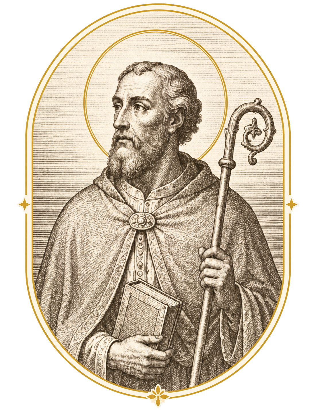Interprétation contemporaine de Saint Arnoult en gravure : le livre, la crosse et le médaillon
